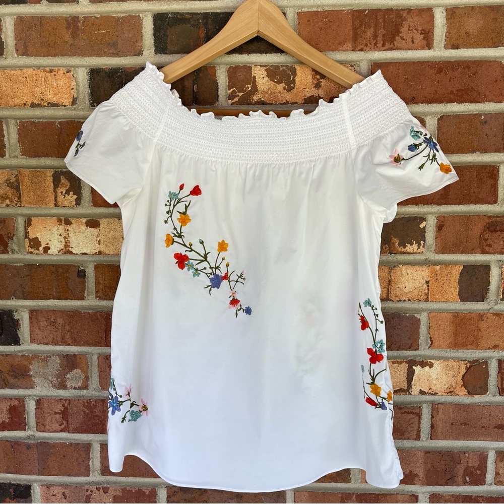 Tory Burch Eliza Off Shoulder Smocked Embroidered White Poplin Floral Top Size 8 - Picture 2 of 10